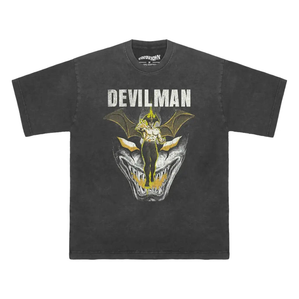 Devilman Anime T-shirt - Go Nagai Classic Horror Manga Graphic Shirt | Washed Black Gray / s | Core Capsule
