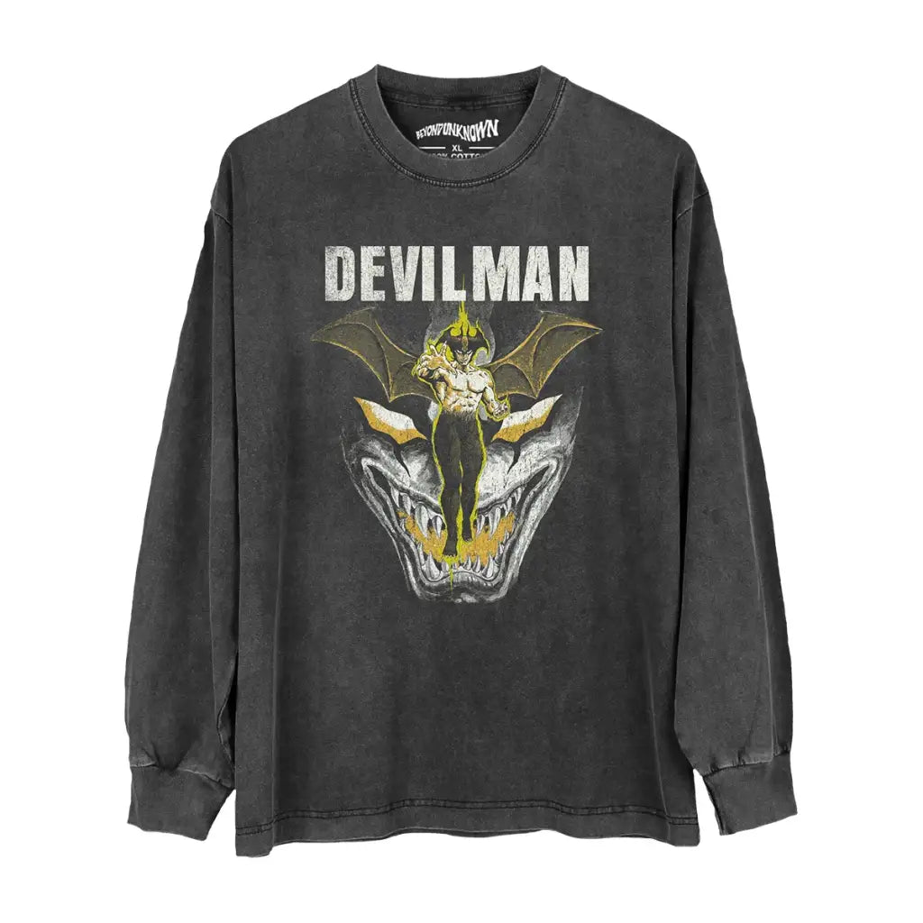 Devilman Anime T-shirt - Go Nagai Classic Horror Manga Graphic Shirt | Washed Black Gray Long Sleeve / s | Core Capsule
