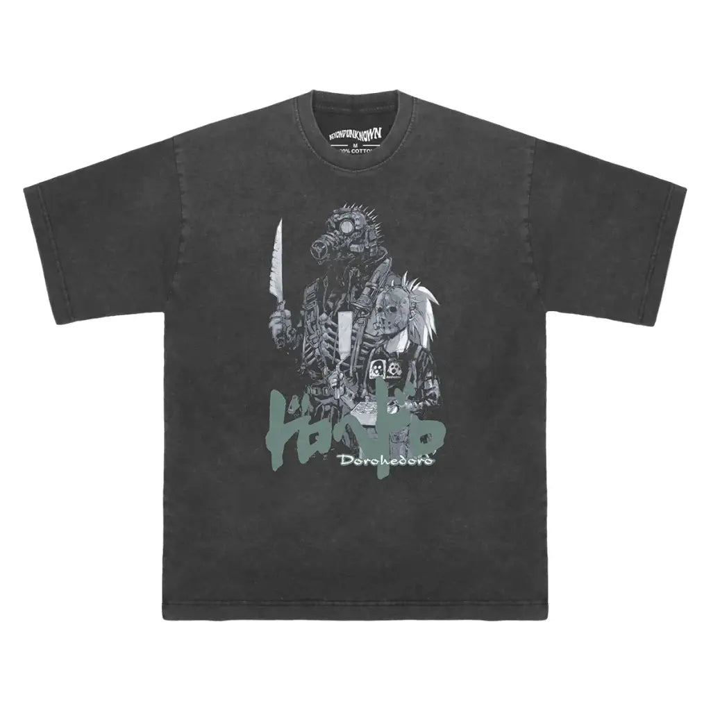 Dorohedoro Anime T-shirt - Dark Urban Fantasy Manga Graphic Shirt | Washed Black Gray Long Sleeve / s | Core Capsule