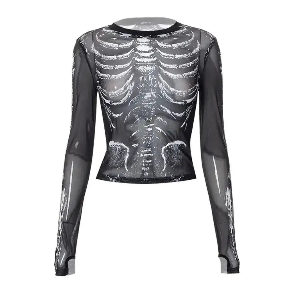 Gothic Punk Shirt 2000s Women Skeleton Pattern Round Neck Long Sleeve Crop Top Black Dark Academia Clothes Y2k Tees