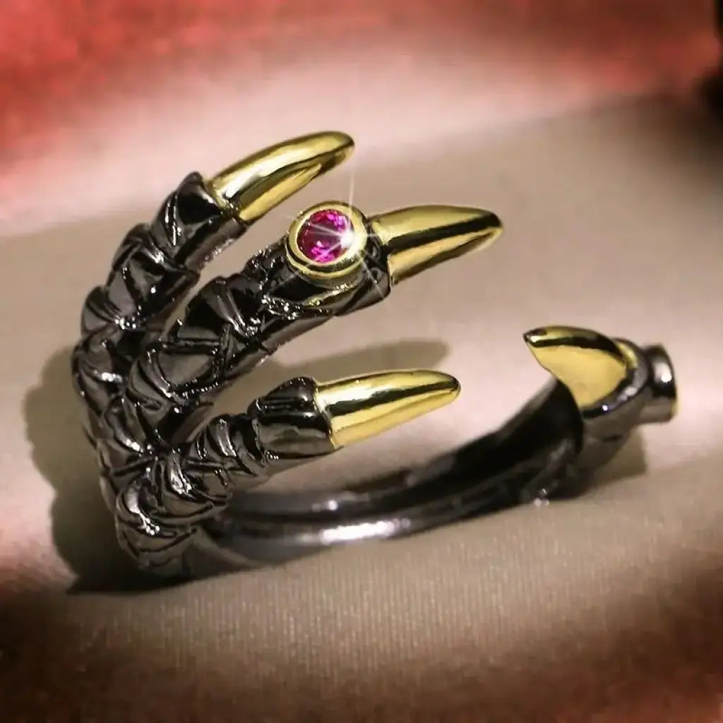 Vintage Dragon Claw Ring - Gothic Punk Jewelry with Pink Zircon | Dark Silver / Resizable | Relics