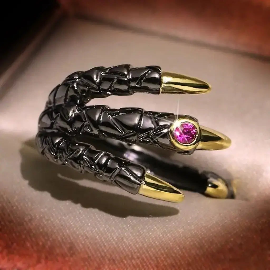 Vintage Dragon Claw Ring - Gothic Punk Jewelry with Pink Zircon | Dark Silver / Resizable | Relics
