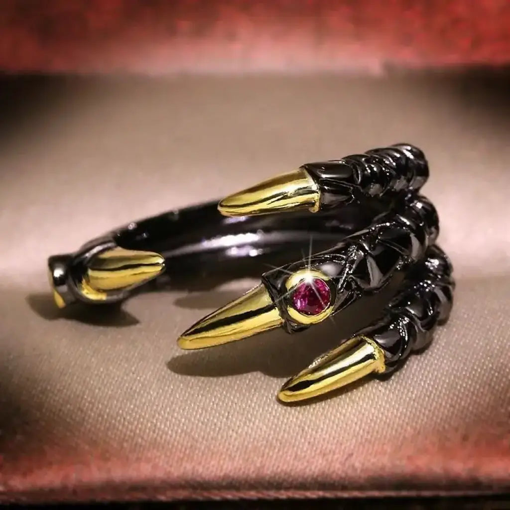 Vintage Dragon Claw Ring - Gothic Punk Jewelry with Pink Zircon | Dark Silver / Resizable | Relics