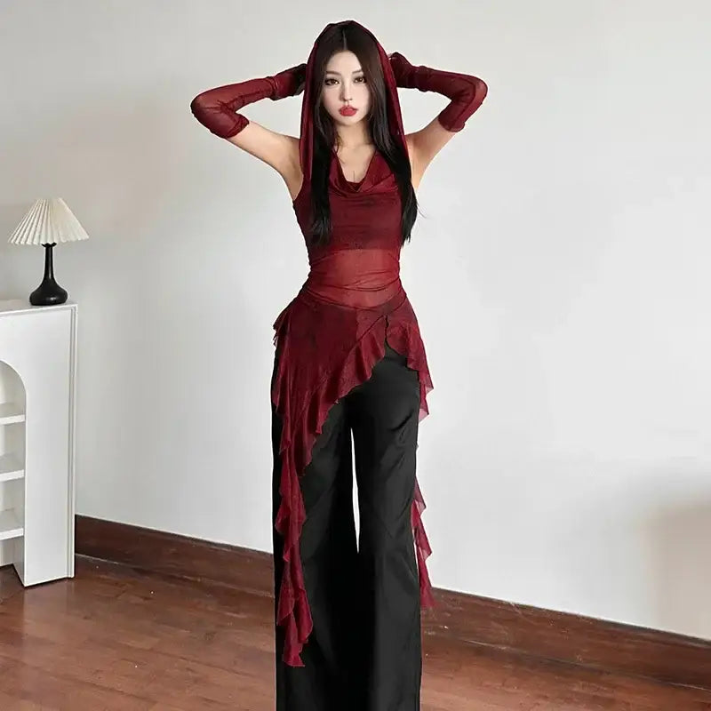 Crimson Revolution: Dive Into Japanese Y2K Fashion with Grunge Mesh Hoodie Allure - Zenith Threads Co. 