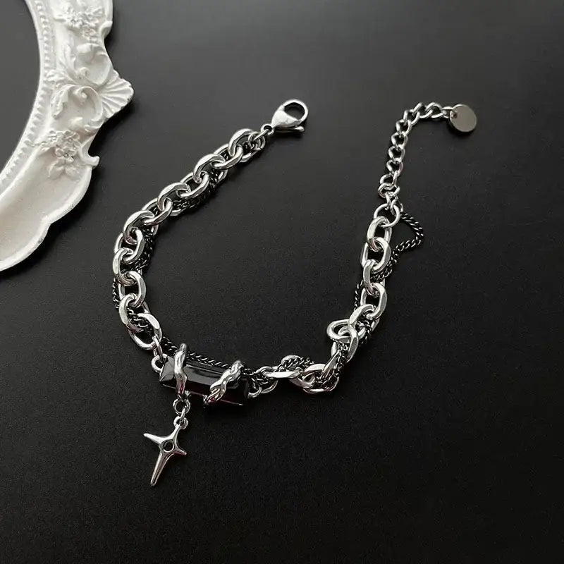 Unlock Your Gothic Side: Japanese Fashion's Y2K Influence with Black Zircon Star Bracelet - Zenith Threads Co. 