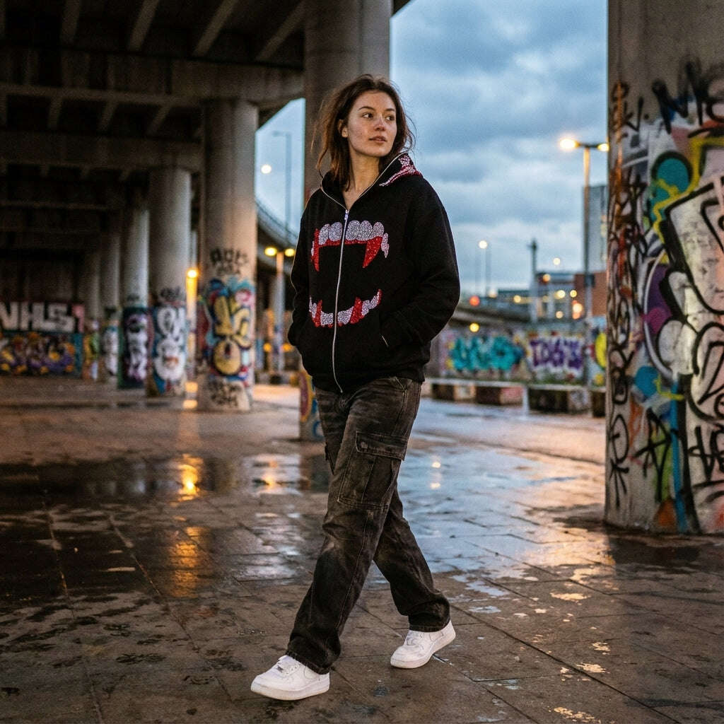 Rhinestone Zip-Up Hoodie | Y2K Gothic Streetwear