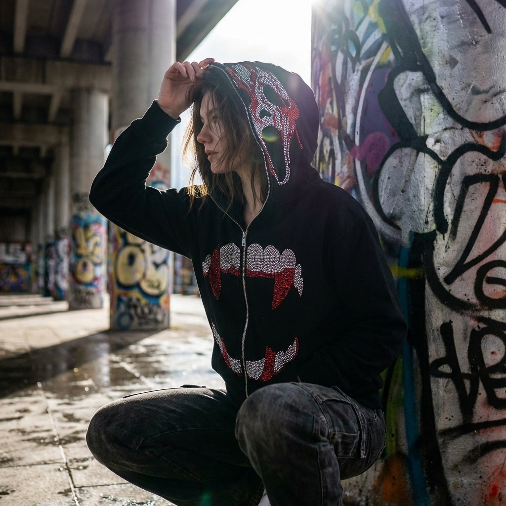 Rhinestone Zip-Up Hoodie | Y2K Gothic Streetwear