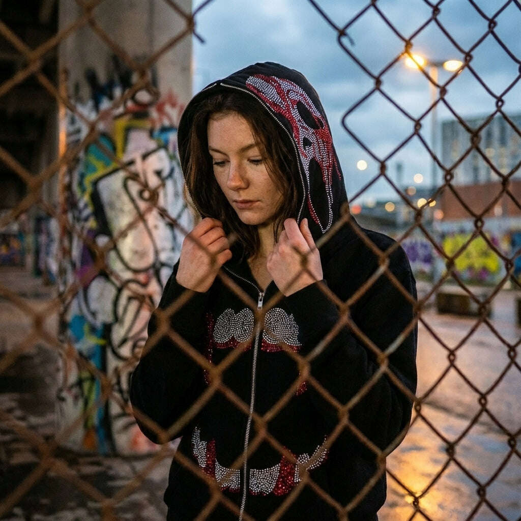 Rhinestone Zip-Up Hoodie | Y2K Gothic Streetwear