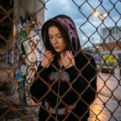 Rhinestone Zip-Up Hoodie | Y2K Gothic Streetwear