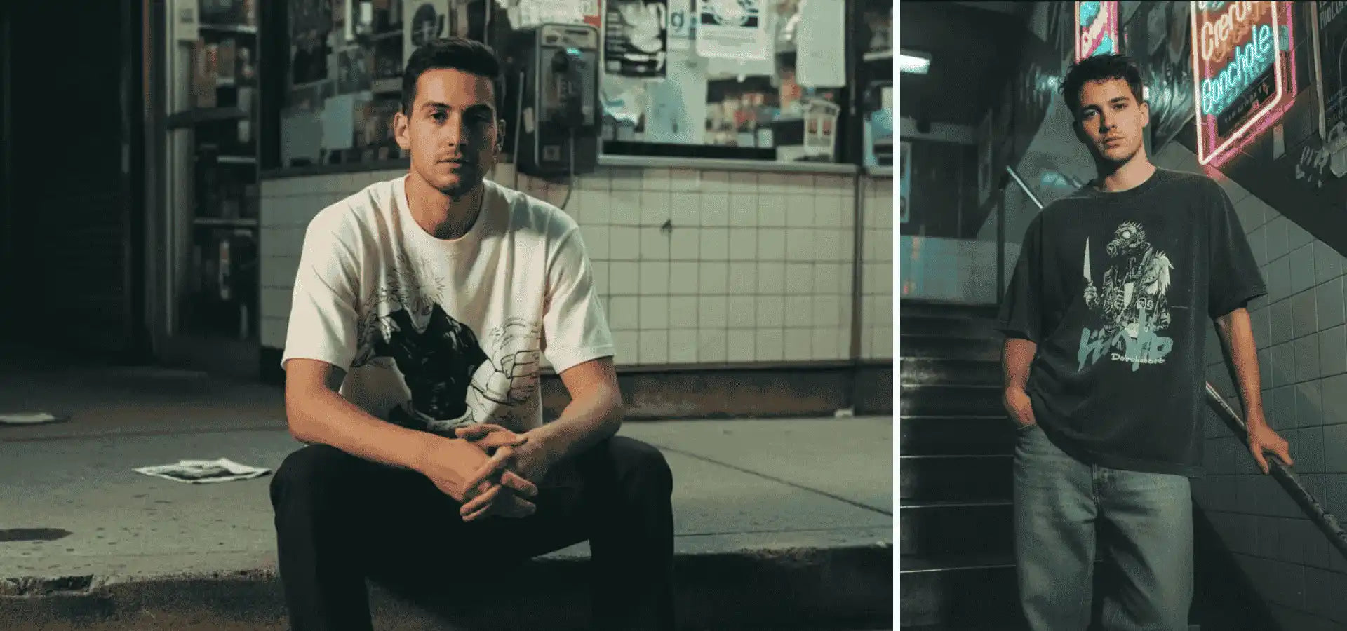 two models wearing anime streetwear, gojo from jujutsu Kaisen