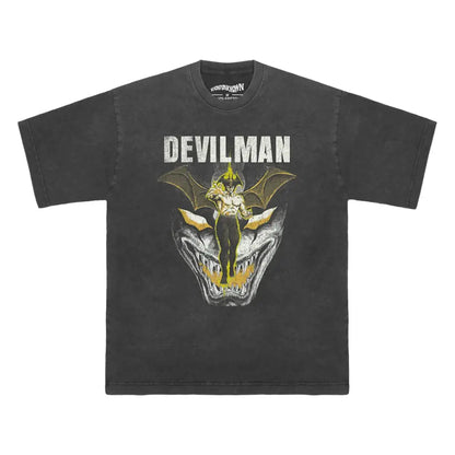 Devilman Anime T-shirt - Go Nagai Classic Horror Manga Graphic Shirt | Washed Black Gray / s | Core Capsule