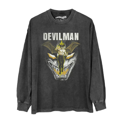 Devilman Anime T-shirt - Go Nagai Classic Horror Manga Graphic Shirt | Washed Black Gray Long Sleeve / s | Core Capsule