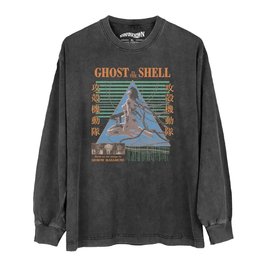 Ghost in the Shell Anime T-shirt - Cyberpunk Classic Graphic Shirt | Washed Black Gray Long Sleeve / s | Core Capsule