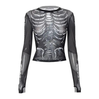 Gothic Punk Shirt 2000s Women Skeleton Pattern Round Neck Long Sleeve Crop Top Black Dark Academia Clothes Y2k Tees