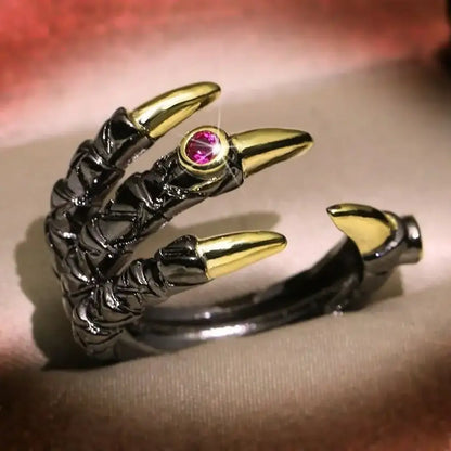 Vintage Dragon Claw Ring - Gothic Punk Jewelry with Pink Zircon | Dark Silver / Resizable | Relics